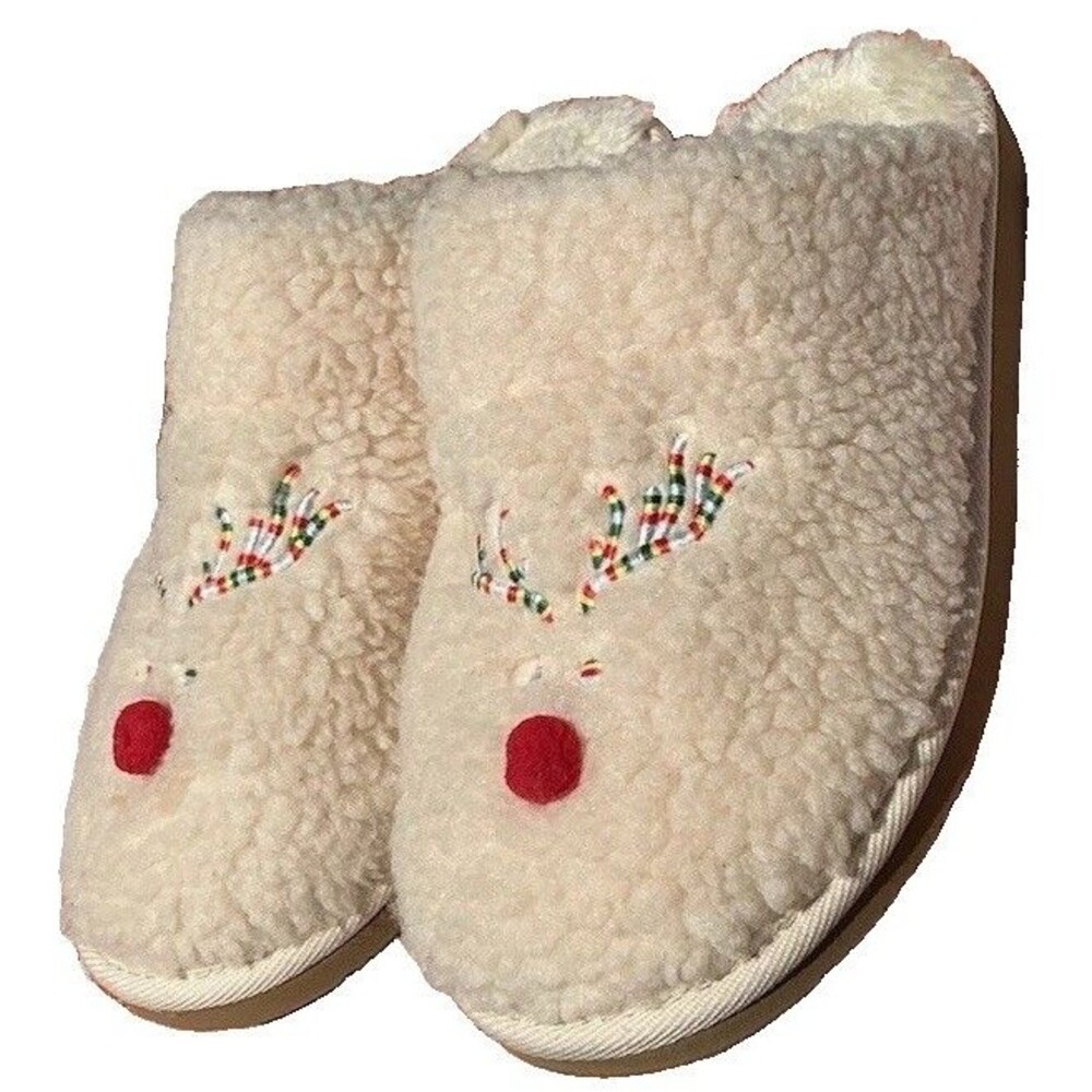 Minnetonka Reindeer Sherpa Slippers Women’s Size 10 Cream Christmas House Shoes